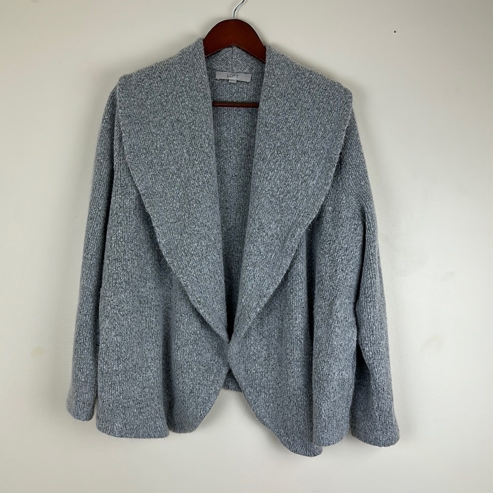 LOFT Woman's Size XL Open Cardigan Sweater Grey Pockets Shawl Collar